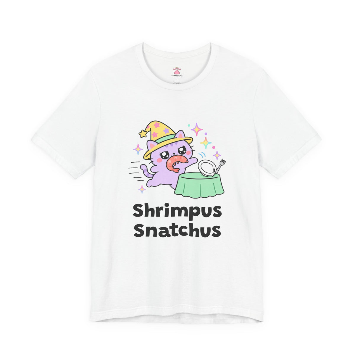 White Shrimpus Snatchus wizard cat T-shirt, front view: lilac wizard cat in a yellow hat dashing off with a shrimp from a plate on a green table, with "Shrimpus Snatchus" printed below