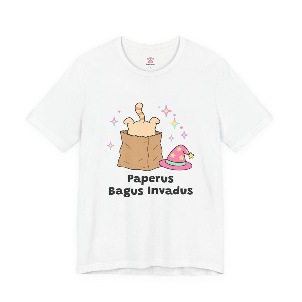Wizard cat diving headfirst into a paper bag, pink hat beside it, Paperus Bagus Invadus tee