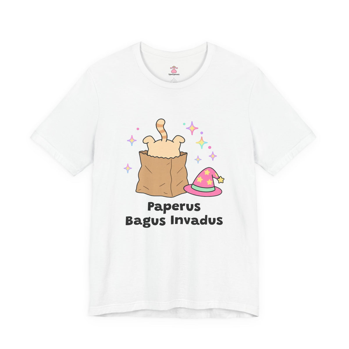 Wizard cat diving headfirst into a paper bag, pink hat beside it, Paperus Bagus Invadus tee