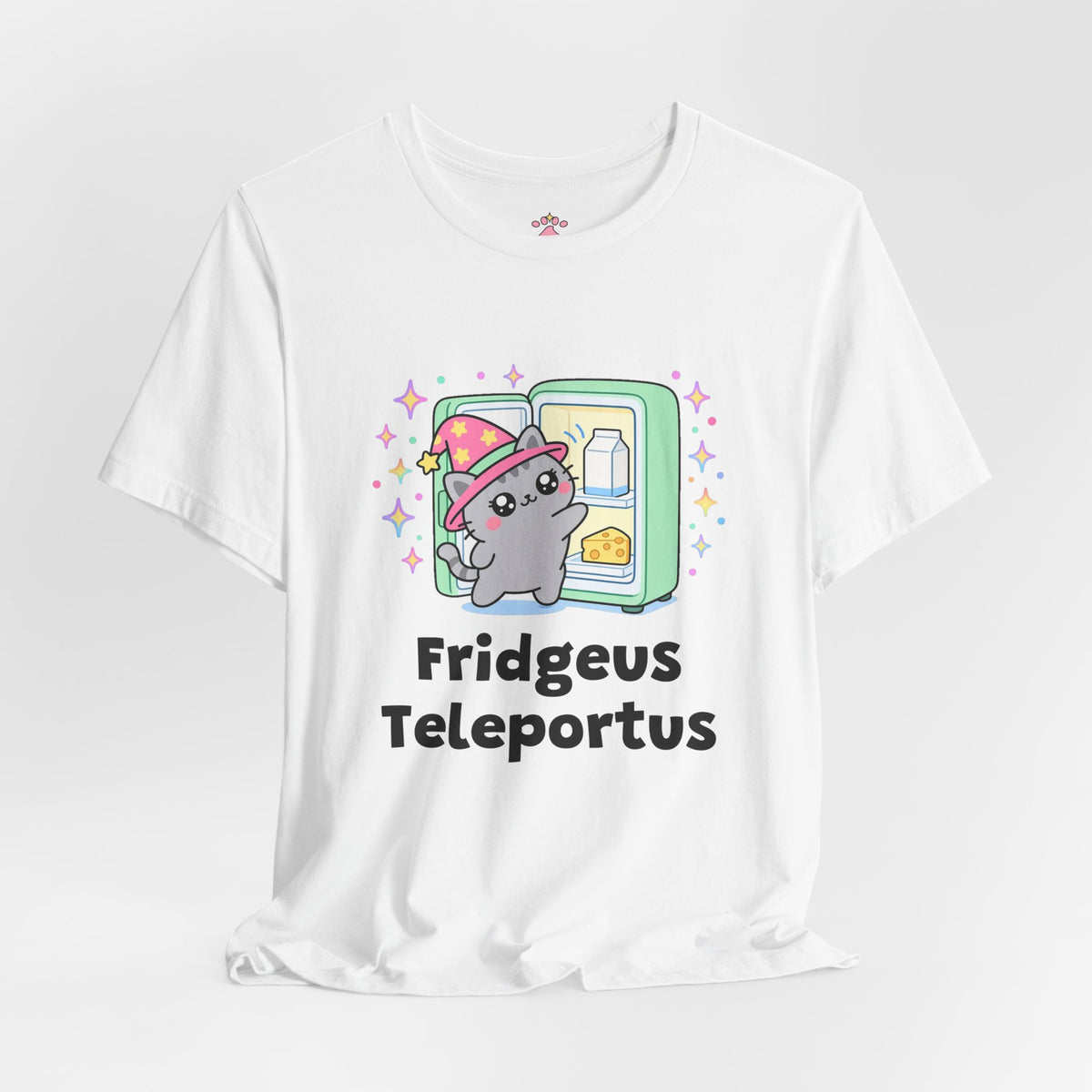 Gray wizard cat in a pink hat teleporting into an open green fridge next to a cheese wedge, Fridgeus Teleportus tee
