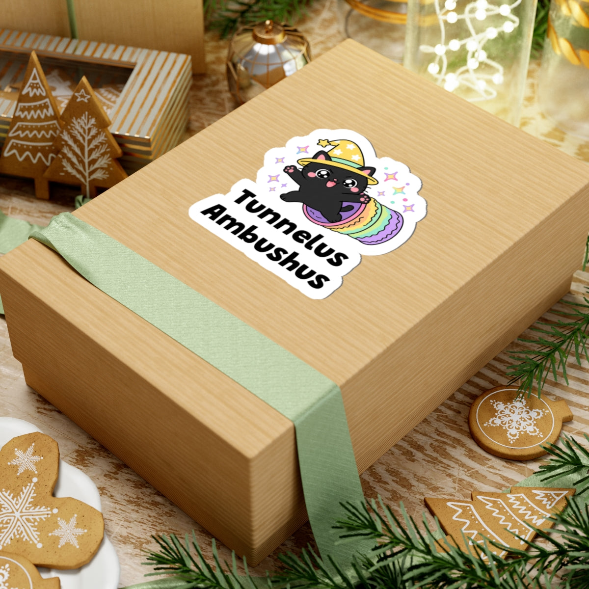 Tunnelus Ambushus wizard cat sticker on a kraft gift box with a green ribbon and holiday cookies