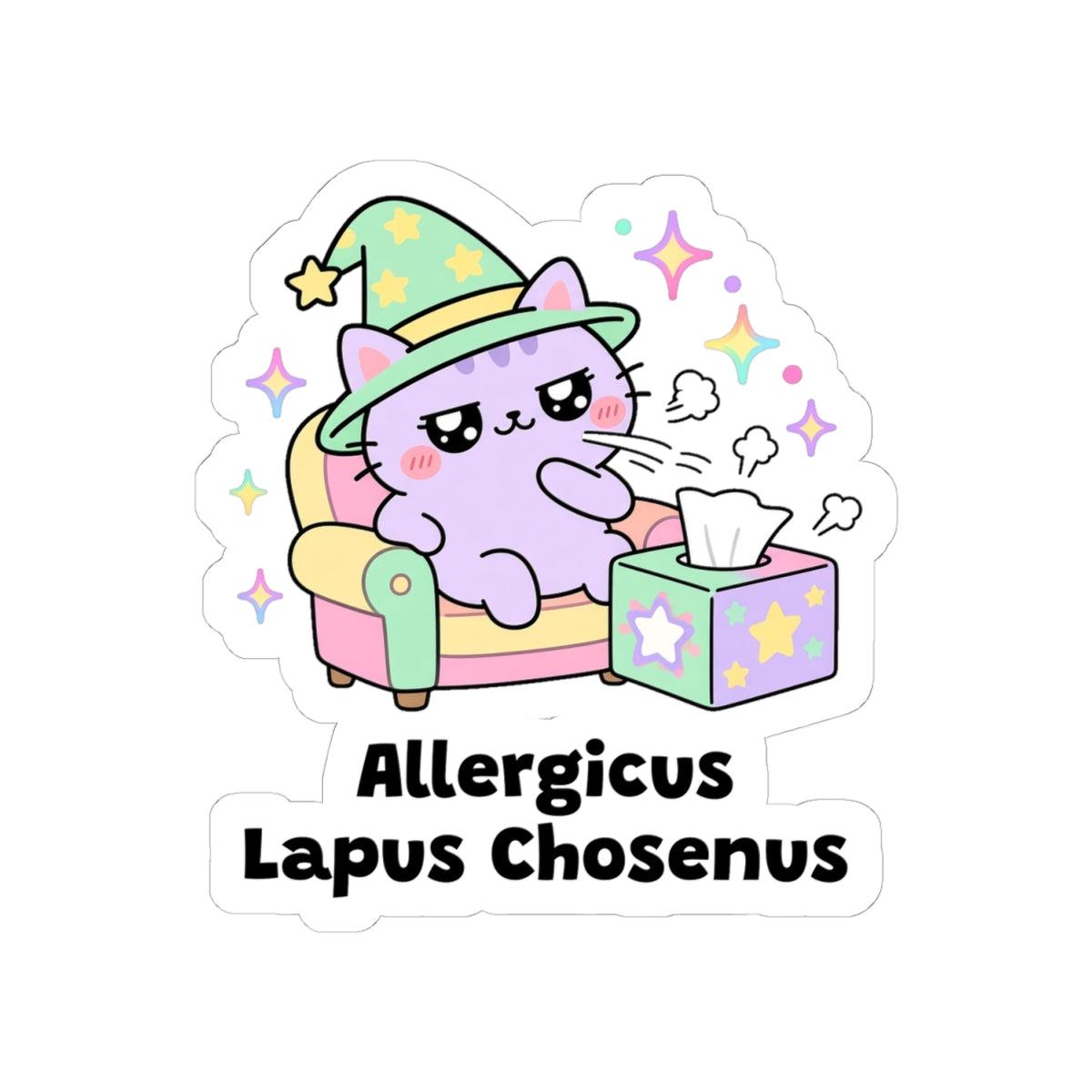 Allergicus Lapus Chosenus kiss-cut vinyl sticker on a white background, size option 2: lilac wizard cat in a green hat settled on a lap beside a box of tissues
