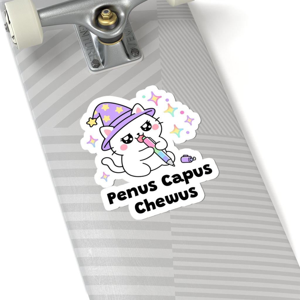 Penus Capus Chewus wizard cat sticker on a grey skateboard deck near the truck