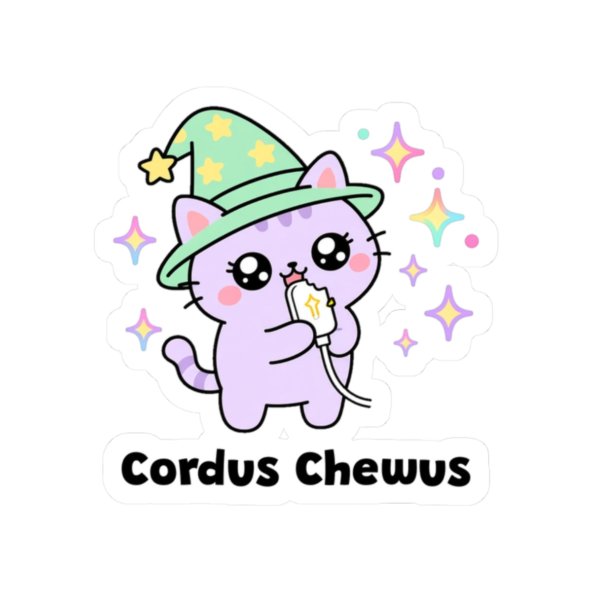 Cordus Chewus kiss-cut vinyl sticker on a white background, size option 4: lilac wizard cat in a green hat chewing a white charging cable