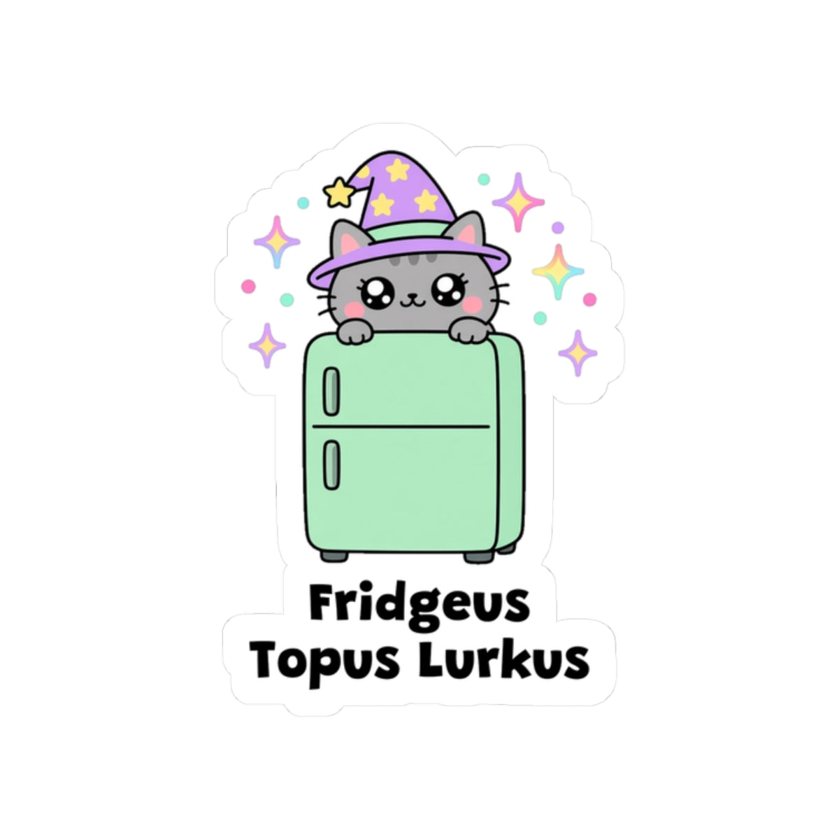 Fridgeus Topus Lurkus kiss-cut vinyl sticker on a white background, size option 4: grey wizard cat in a purple hat lurking on top of a mint-green fridge
