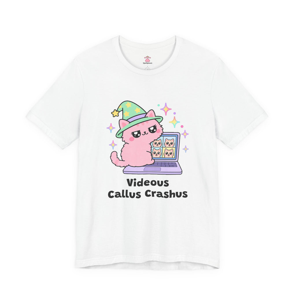 Pink wizard cat in a green hat stepping in front of a laptop during a video call with tiny coworker faces on screen, Videous Callus Crashus tee