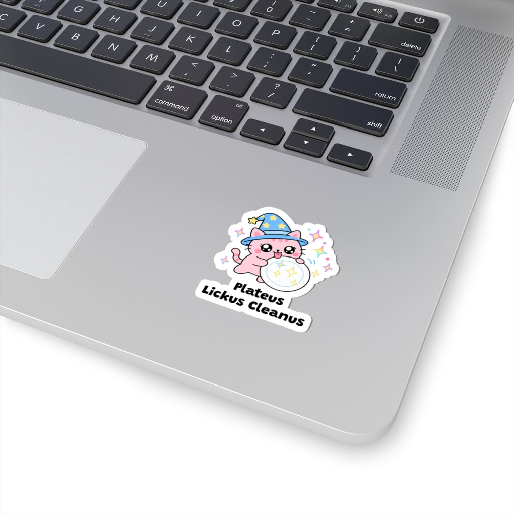 Plateus Lickus Cleanus wizard cat sticker stuck on a silver laptop next to the keyboard