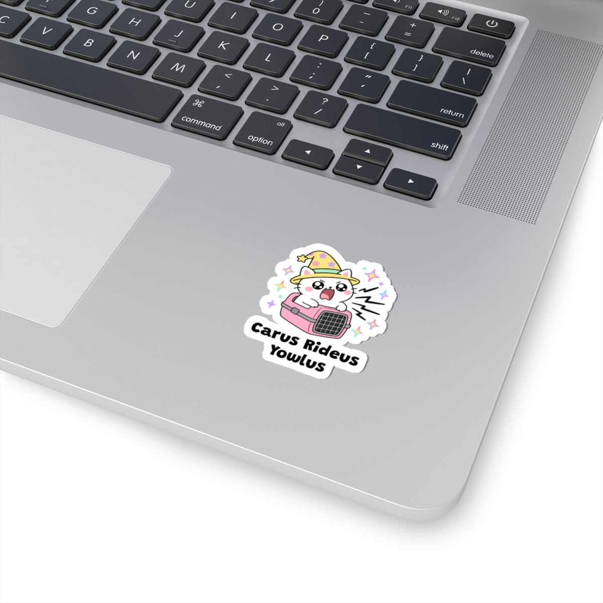 Carus Rideus Yowlus wizard cat sticker stuck on a silver laptop next to the keyboard