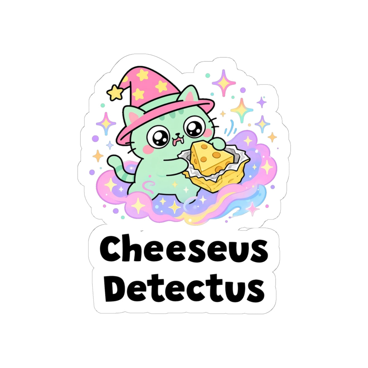 Cheeseus Detectus kiss-cut vinyl sticker on a white background, size option 3: green wizard cat in a pink hat clutching a wedge of cheese on a rainbow cloud