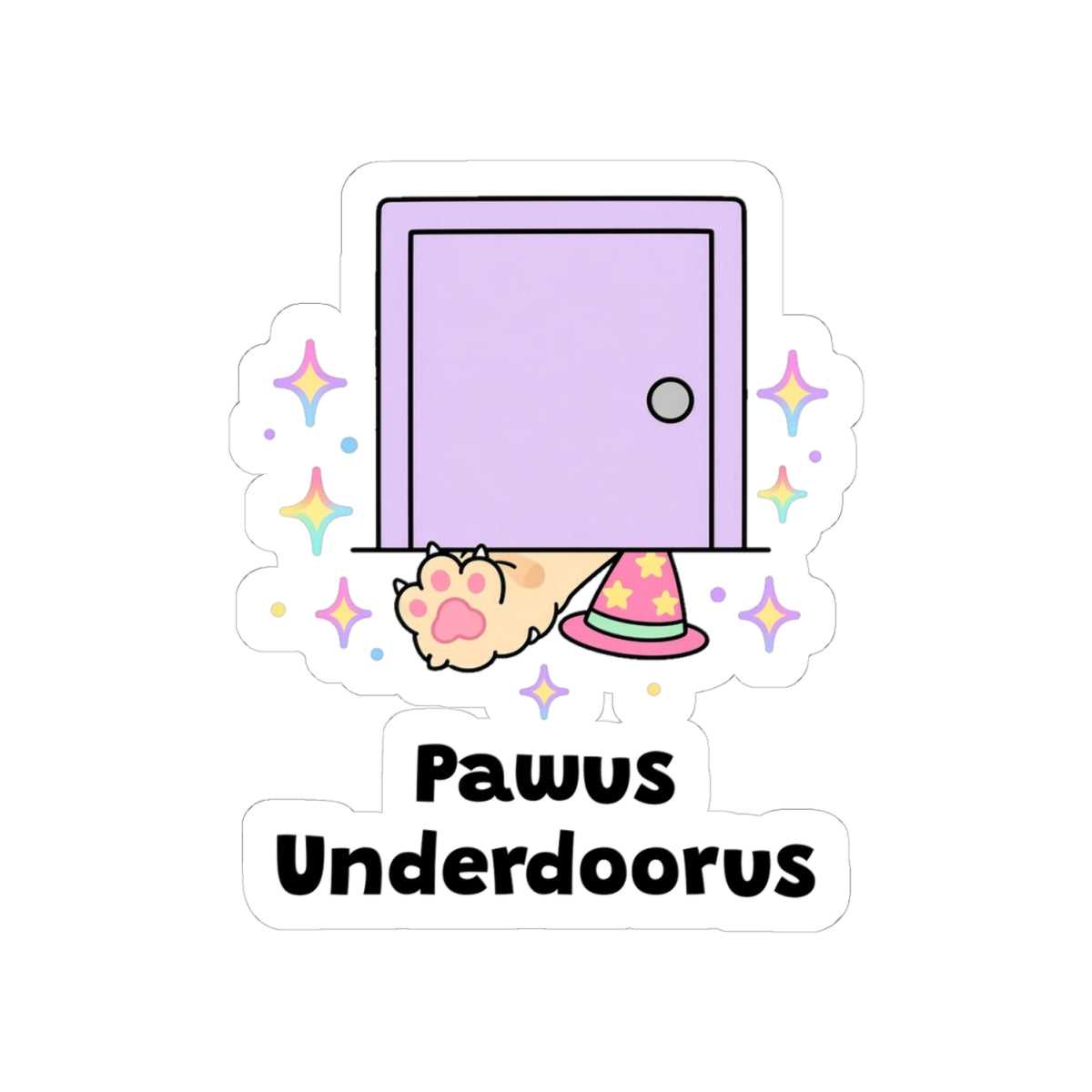 Pawus Underdoorus kiss-cut vinyl sticker on a white background, size option 2: orange cat paws reaching under a closed lilac door
