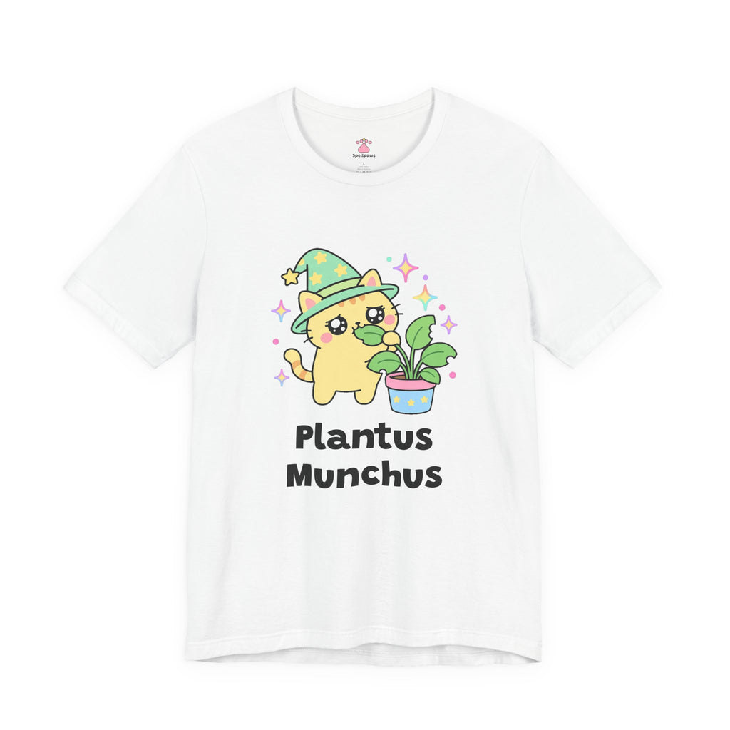 Yellow wizard cat in a green star hat chewing a leaf of a potted houseplant with a guilty sideways look, Plantus Munchus tee