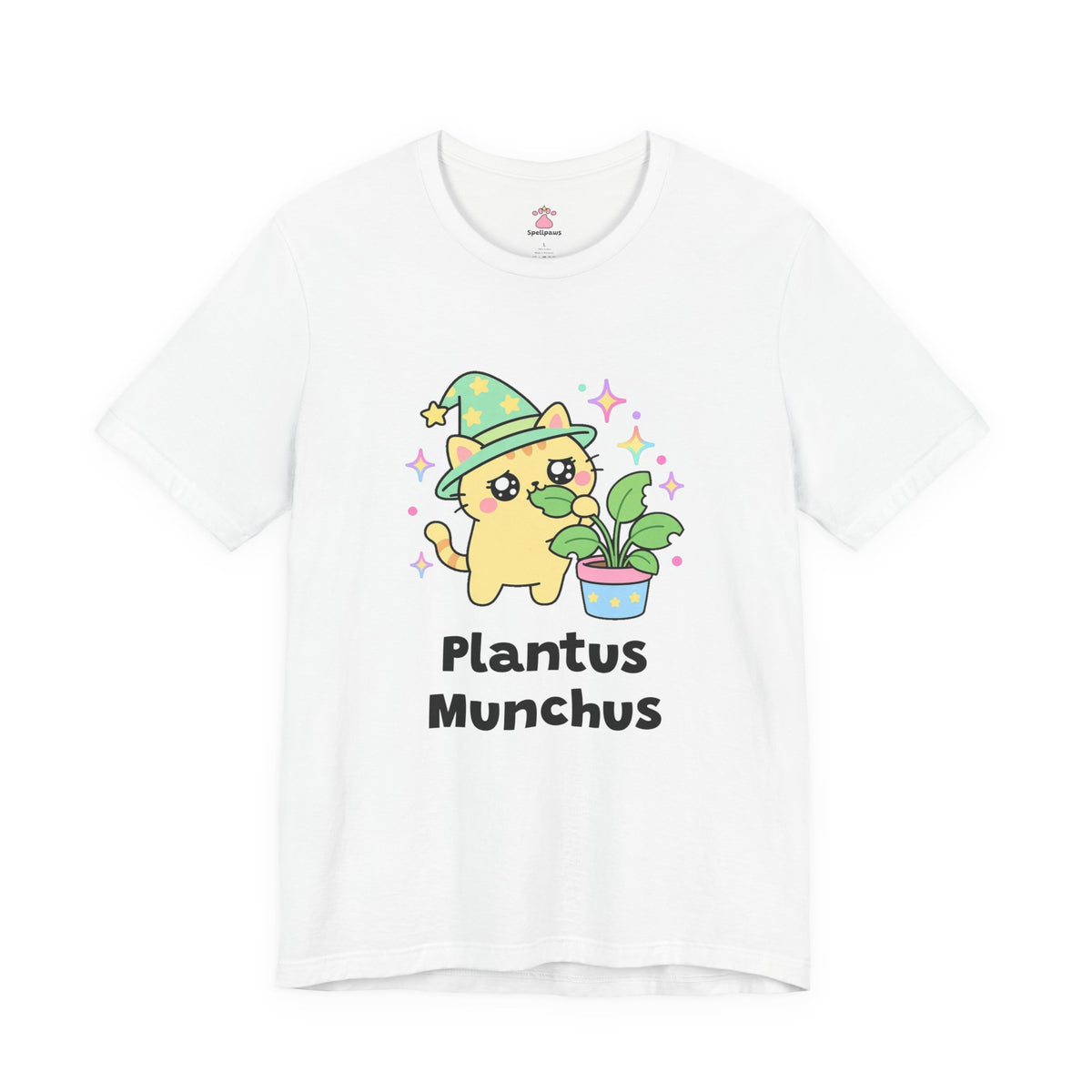 Yellow wizard cat in a green star hat chewing a leaf of a potted houseplant with a guilty sideways look, Plantus Munchus tee