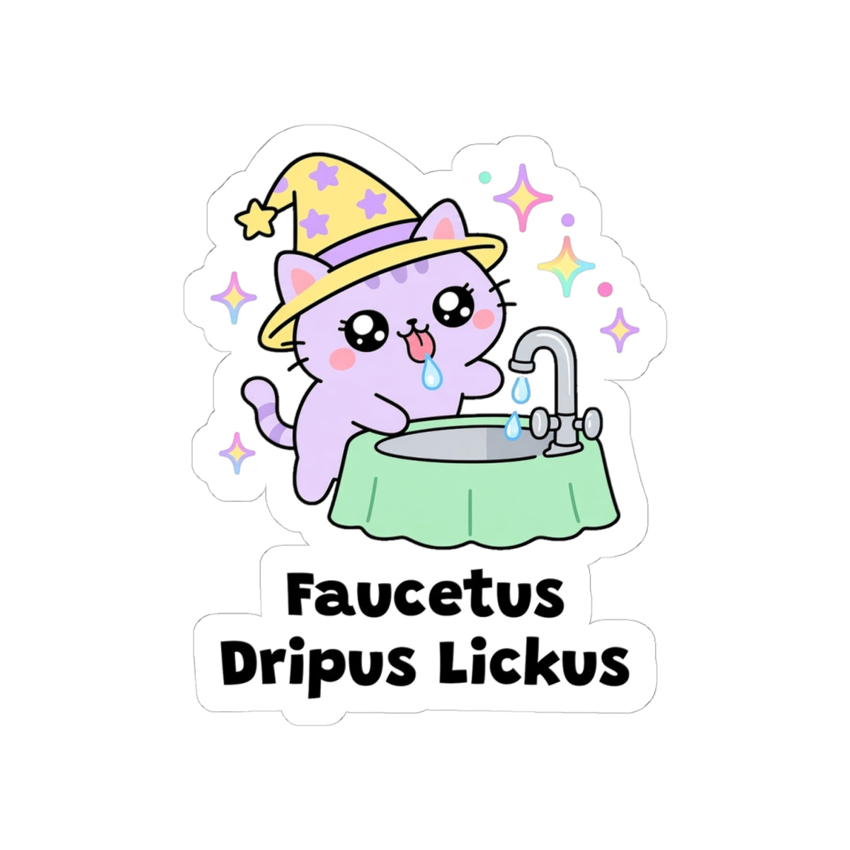 Faucetus Dripus Lickus kiss-cut vinyl sticker on a white background, size option 2: lilac wizard cat in a yellow hat licking drips from a bathroom faucet