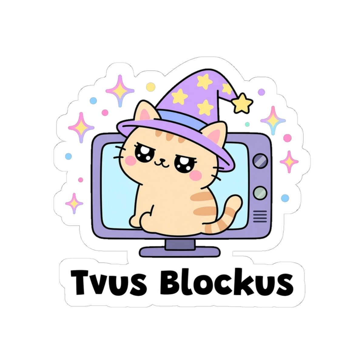 Tvus Blockus kiss-cut vinyl sticker on a white background, size option 2: orange tabby wizard cat in a purple hat sitting in front of a purple TV screen
