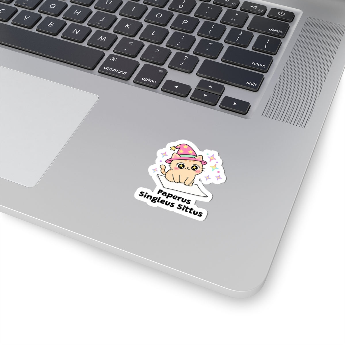 Paperus Singleus Sittus wizard cat sticker stuck on a silver laptop next to the keyboard