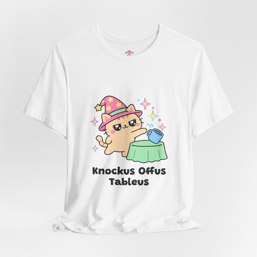 Wizard cat in a pink hat knocking a cup off a table, Knockus Offus Tableus tee