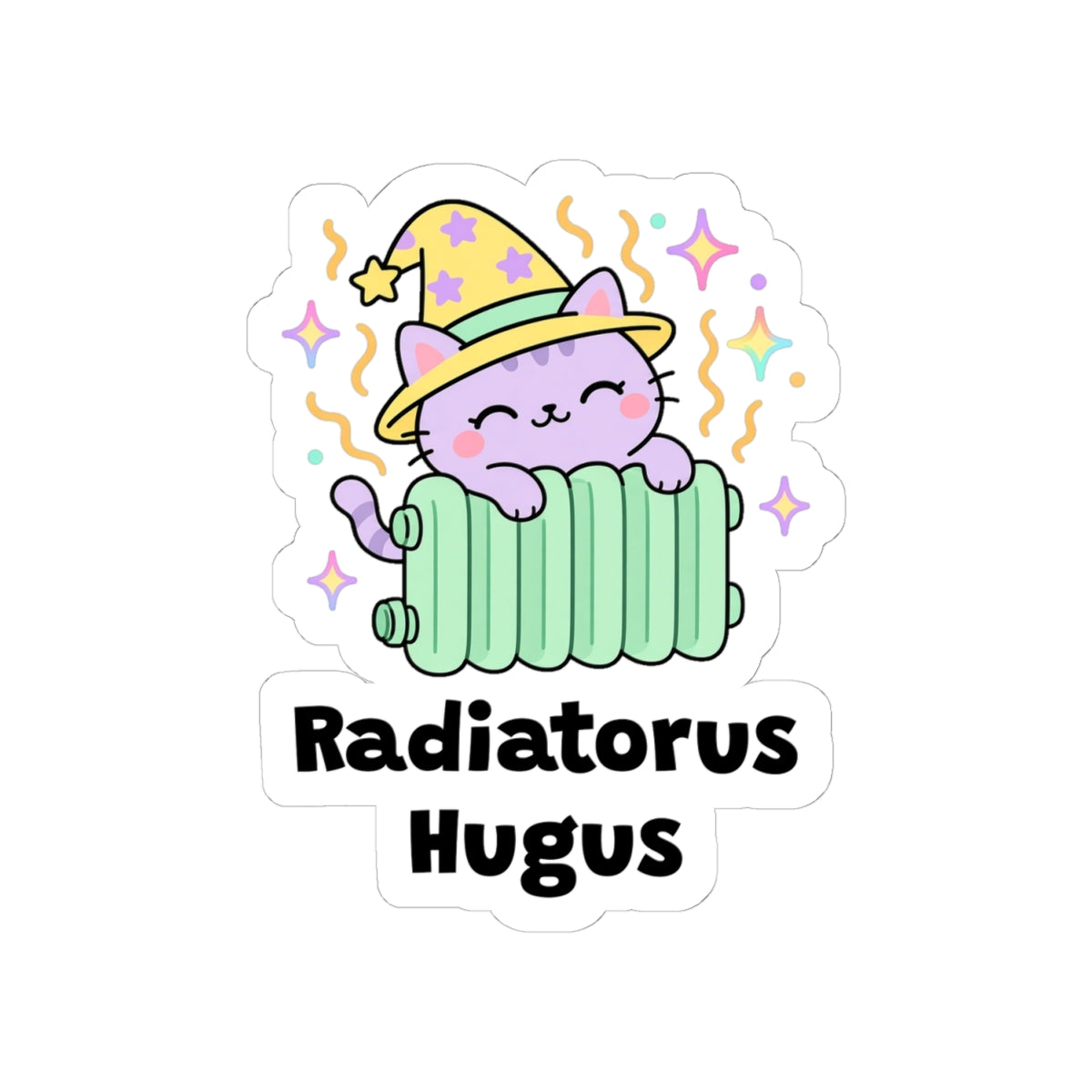 Radiatorus Hugus kiss-cut vinyl sticker on a white background, size option 2: lilac wizard cat in a yellow hat hugging a warm mint-green radiator