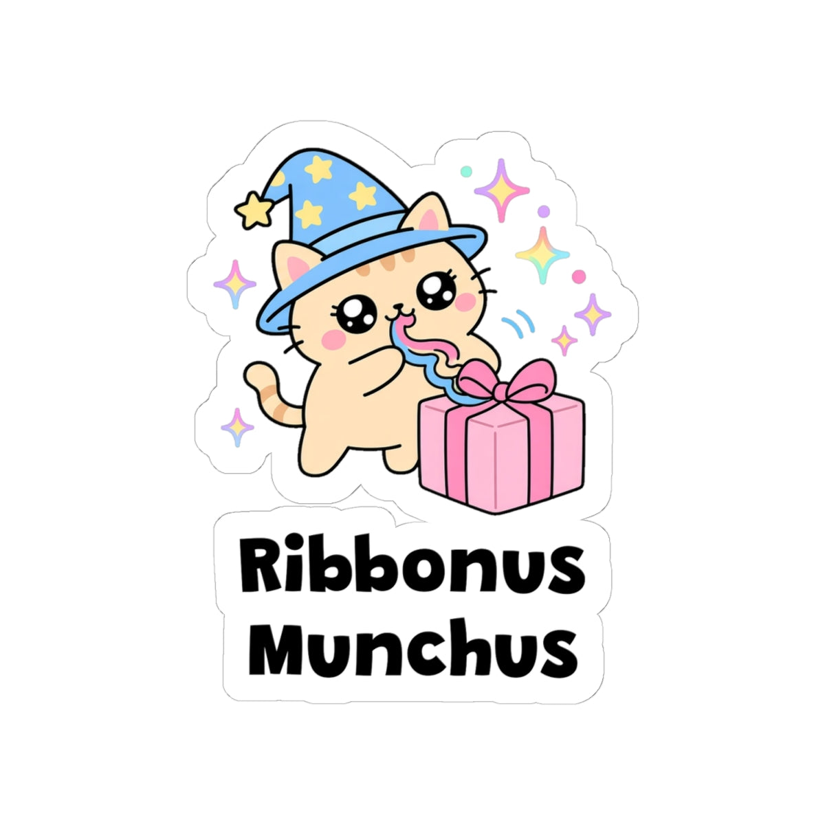 Ribbonus Munchus kiss-cut vinyl sticker on a white background, size option 2: peach wizard cat in a blue hat chewing the ribbon on a pink gift box