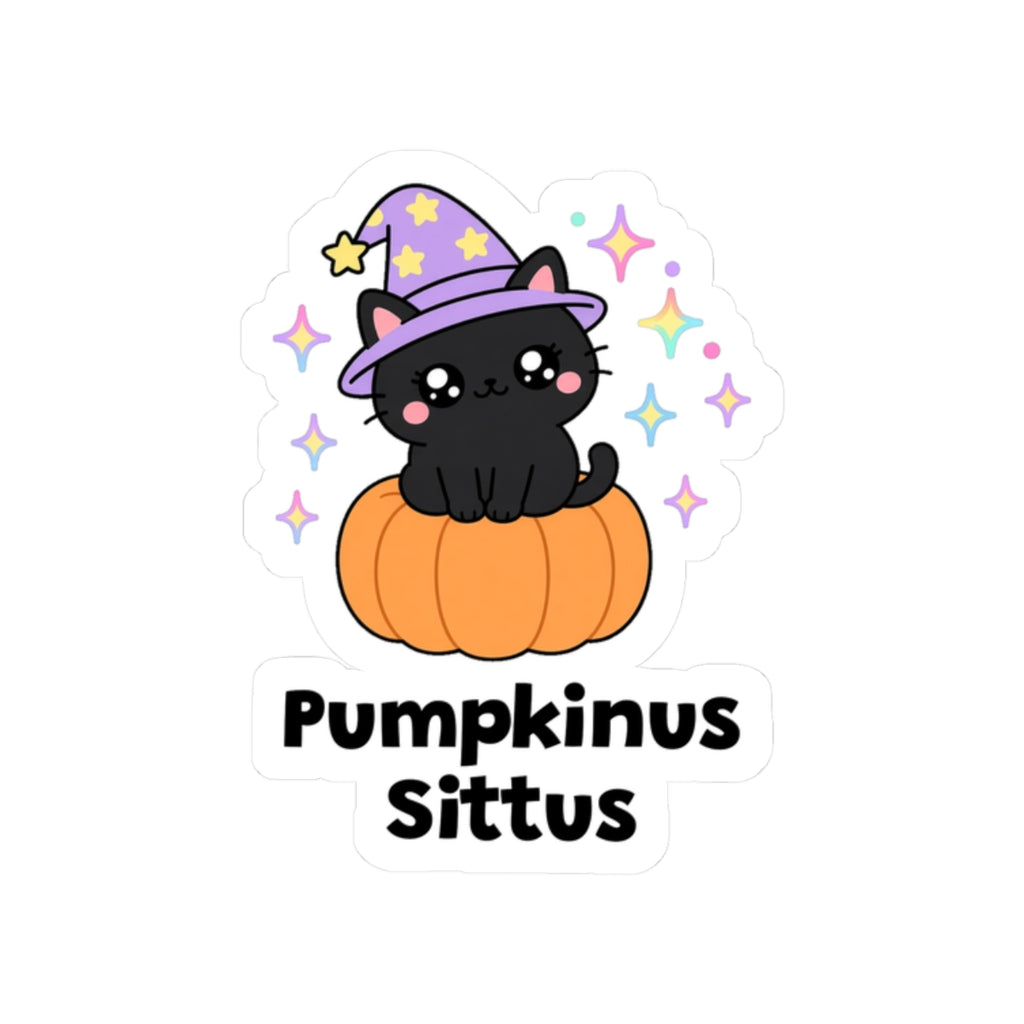 Pumpkinus Sittus kiss-cut vinyl sticker on a white background, size option 4: black wizard cat in a purple hat sitting on top of an orange pumpkin