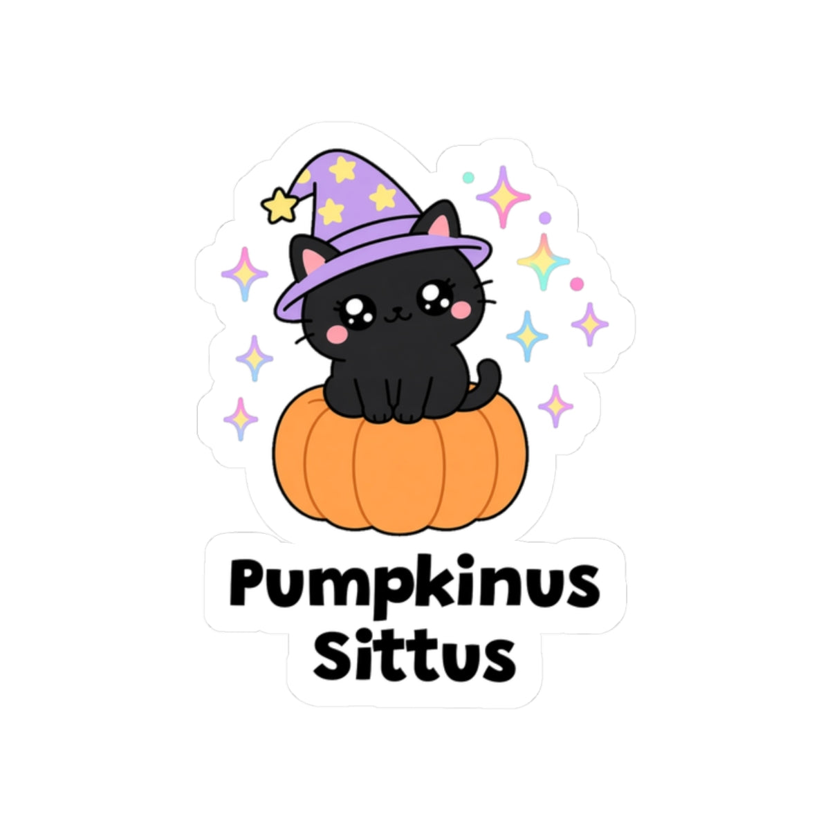 Pumpkinus Sittus kiss-cut vinyl sticker on a white background, size option 4: black wizard cat in a purple hat sitting on top of an orange pumpkin