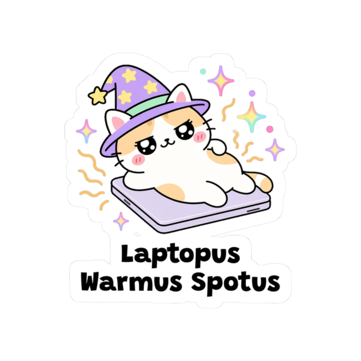 Laptopus Warmus Spotus kiss-cut vinyl sticker on a white background, size option 4: cream calico wizard cat in a purple hat lying on a warm laptop