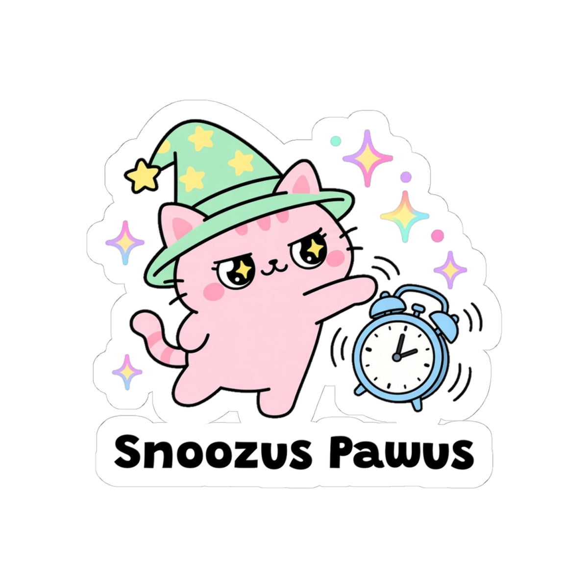 Snoozus Pawus kiss-cut vinyl sticker on a white background, size option 2: pink wizard cat in a green hat smacking a ringing blue alarm clock with its paw