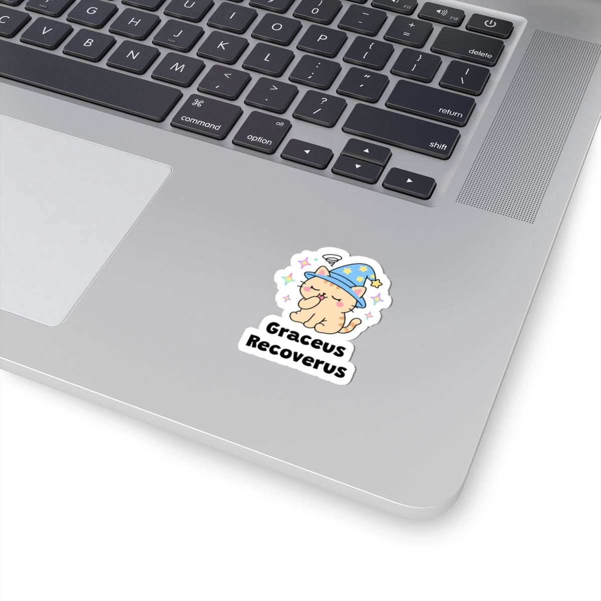 Graceus Recoverus wizard cat sticker stuck on a silver laptop next to the keyboard