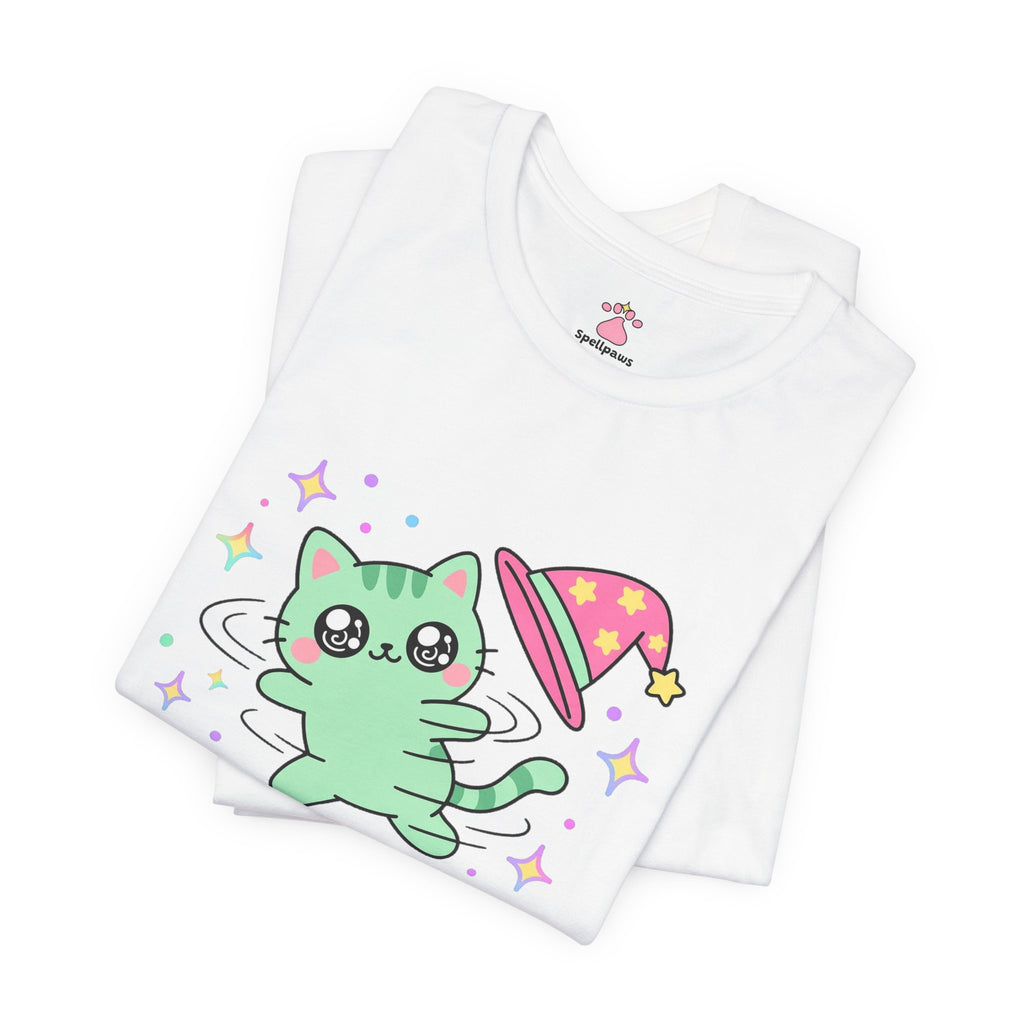 Green wizard cat in a pink hat spinning in a circle chasing its own tail, Tailus Chasus Eternus tee
