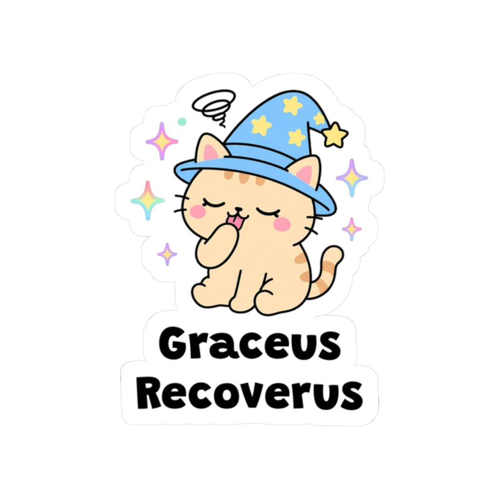 Graceus Recoverus kiss-cut vinyl sticker on a white background, size option 4: peach wizard cat in a blue hat coolly licking its paw after a failed jump