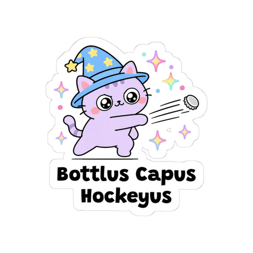 Bottlus Capus Hockeyus kiss-cut vinyl sticker on a white background, size option 2: lilac wizard cat in a blue hat slapping a bottle cap like a hockey puck