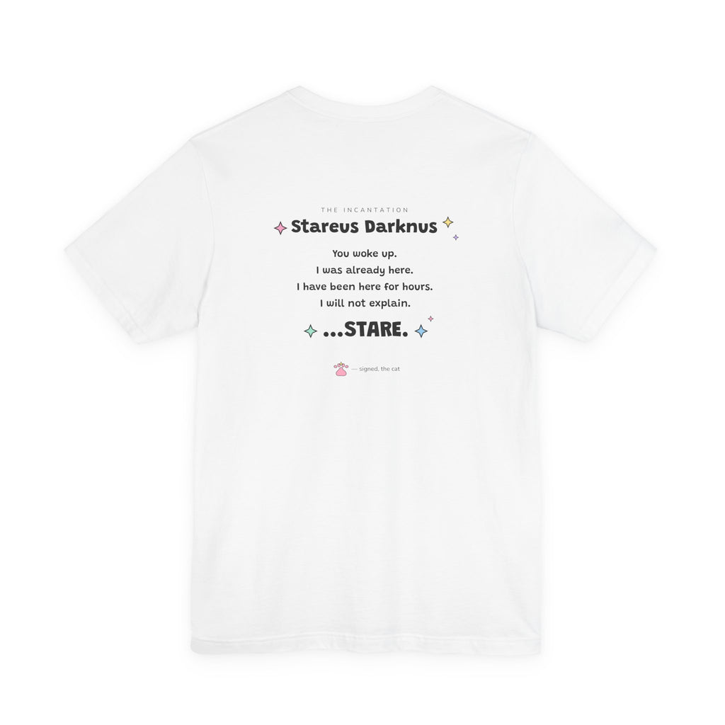 Back of the white Stareus Darknus T-shirt with the full spell incantation printed between the shoulders