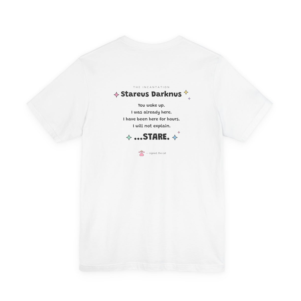 Back of the white Stareus Darknus T-shirt with the full spell incantation printed between the shoulders