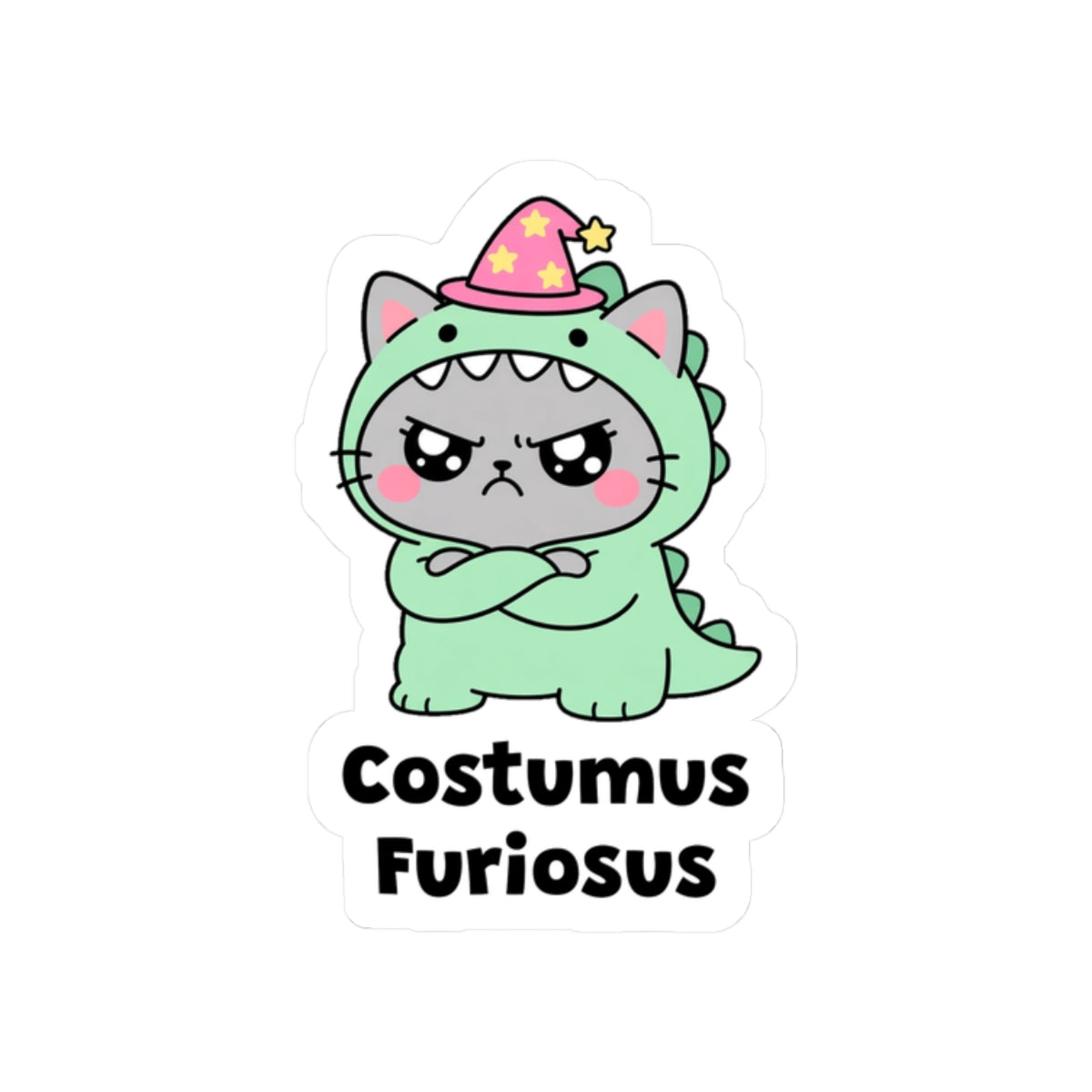 Costumus Furiosus kiss-cut vinyl sticker on a white background, size option 4: grey wizard cat in a pink hat wearing a green dinosaur costume, looking furious