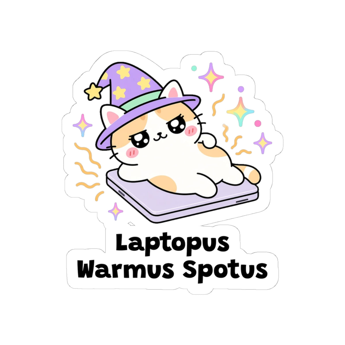 Laptopus Warmus Spotus kiss-cut vinyl sticker on a white background, size option 2: cream calico wizard cat in a purple hat lying on a warm laptop