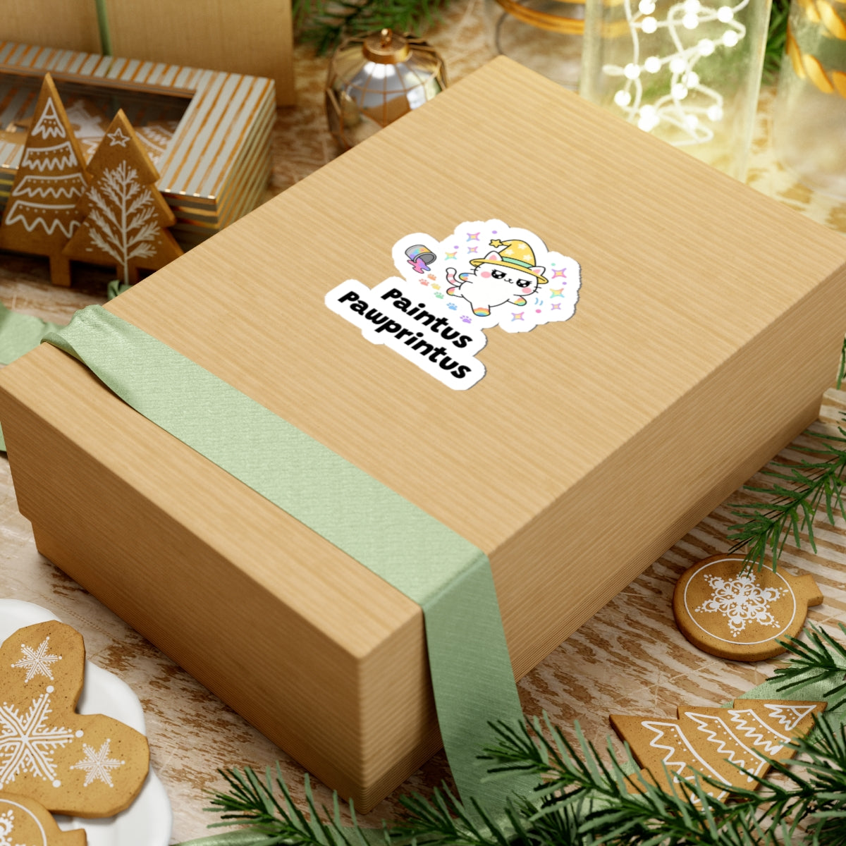 Paintus Pawprintus wizard cat sticker on a kraft gift box with a green ribbon and holiday cookies