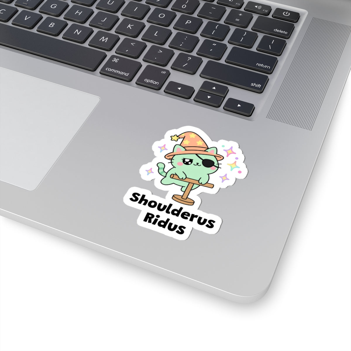 Shoulderus Ridus wizard cat sticker stuck on a silver laptop next to the keyboard