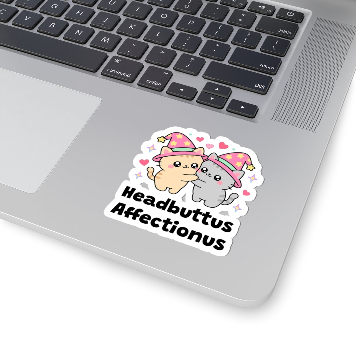 Headbuttus Affectionus wizard cat sticker stuck on a silver laptop next to the keyboard