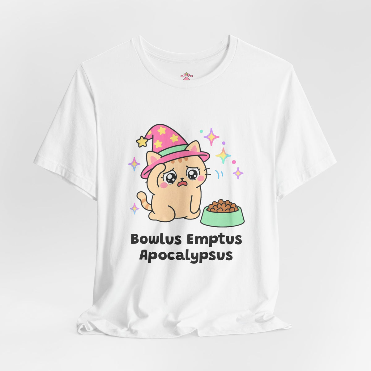Wizard cat in a pink hat sitting tragically beside a mostly full food bowl, Bowlus Emptus Apocalypsus tee