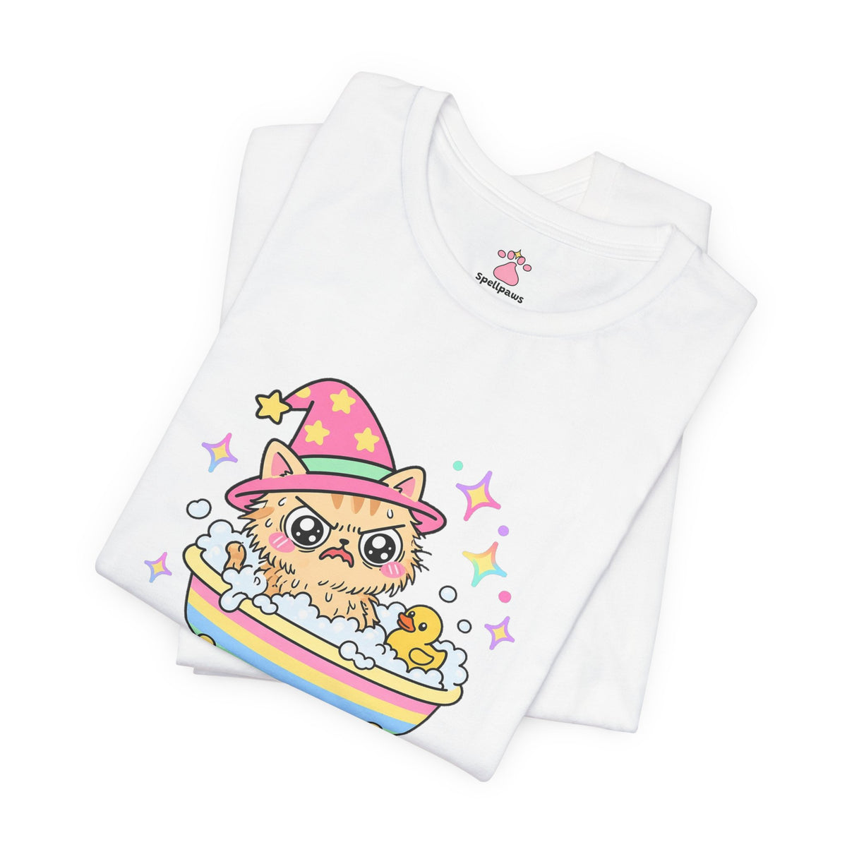Soaking wet ginger wizard cat in a pink hat in a bubbly bathtub with a rubber duck, Bathus Horroris tee