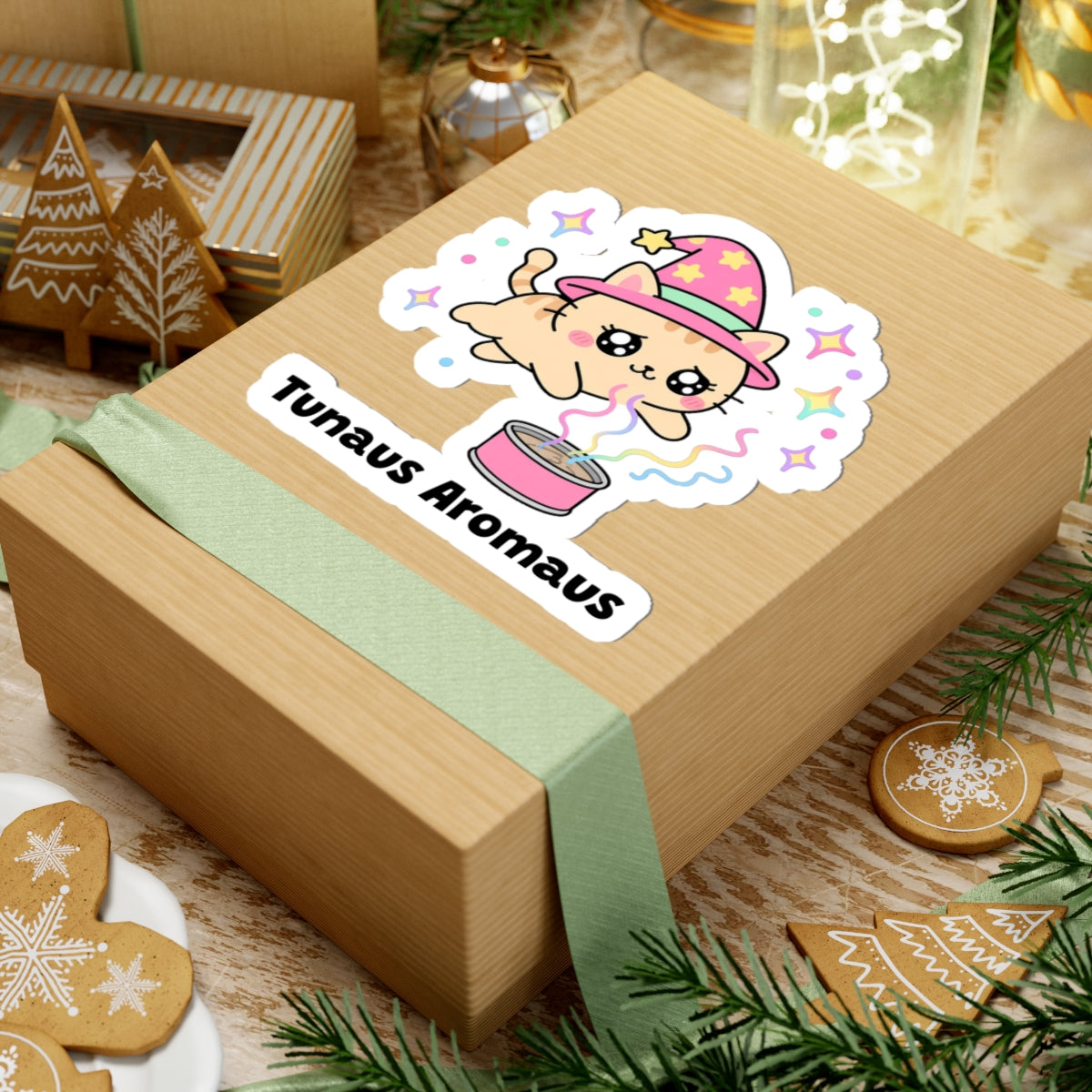 Tunaus Aromaus wizard cat sticker on a kraft gift box with a green ribbon and holiday cookies