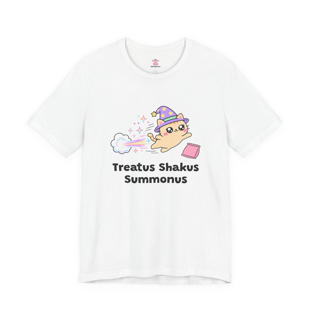 Orange wizard cat in a purple hat zooming at top speed in a burst of rainbow sparkles toward a pink treat bag, Treatus Shakus Summonus tee