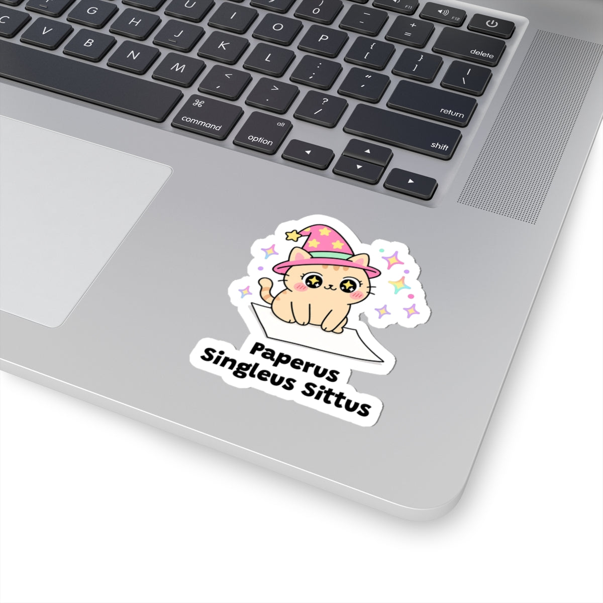 Paperus Singleus Sittus wizard cat sticker stuck on a silver laptop next to the keyboard