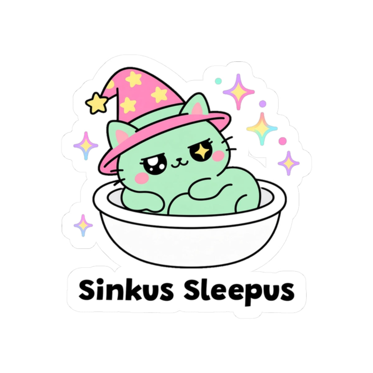 Sinkus Sleepus kiss-cut vinyl sticker on a white background, size option 4: mint-green wizard cat in a pink hat napping in a white sink, one sparkly eye open
