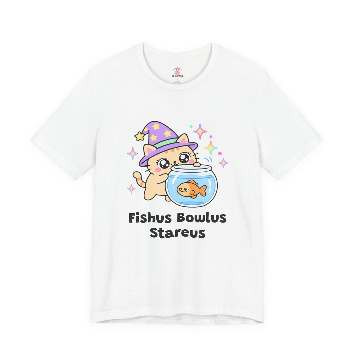 Wizard cat in a purple hat pressing its face against a fishbowl with a calm orange fish, Fishus Bowlus Stareus tee