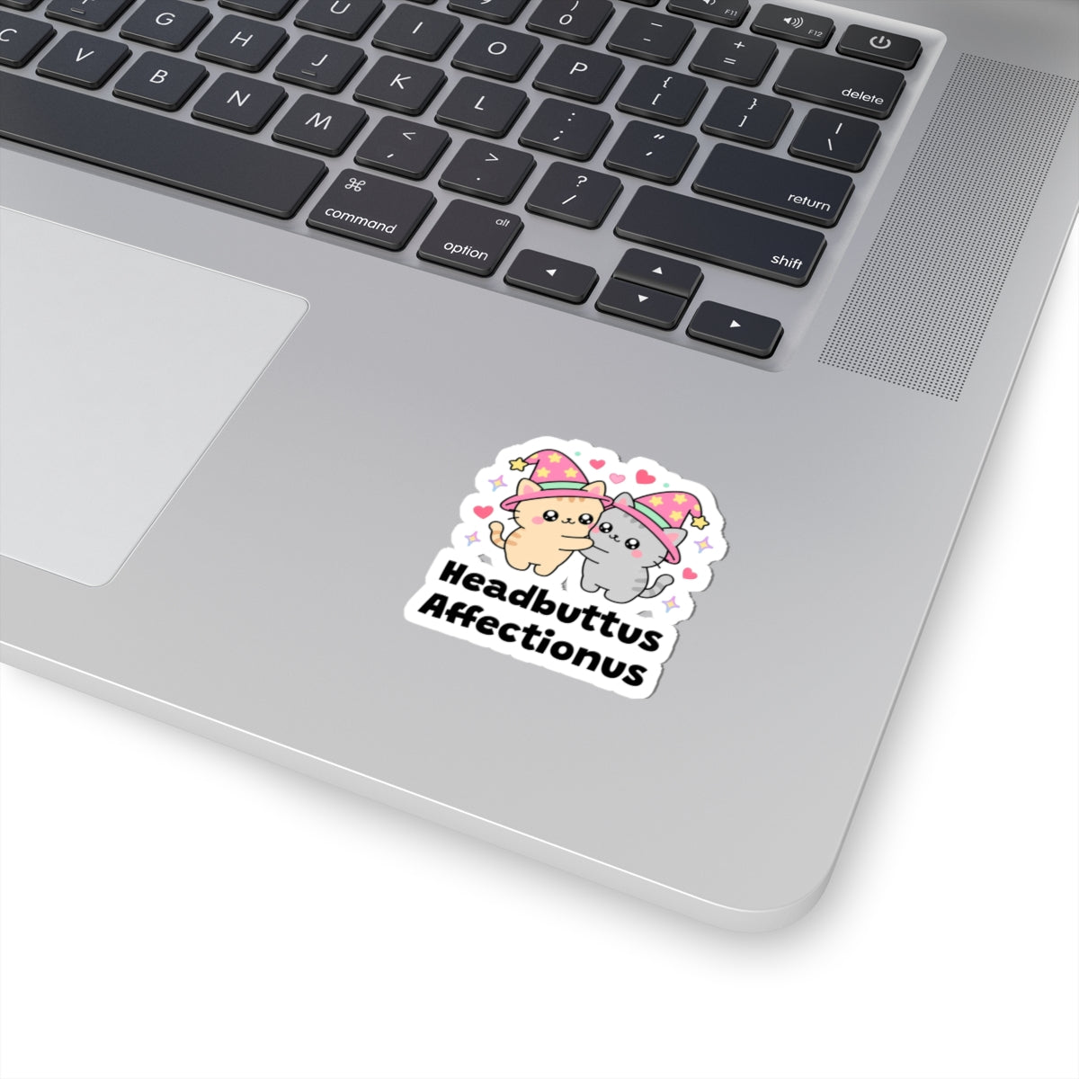 Headbuttus Affectionus wizard cat sticker stuck on a silver laptop next to the keyboard