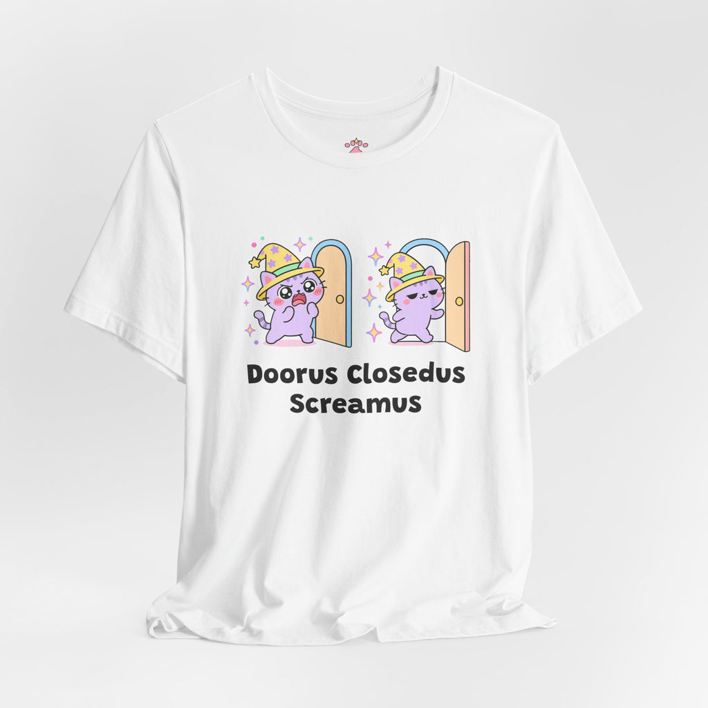 Purple wizard cat screaming at a closed door, then walking away when it opens, Doorus Closedus Screamus tee