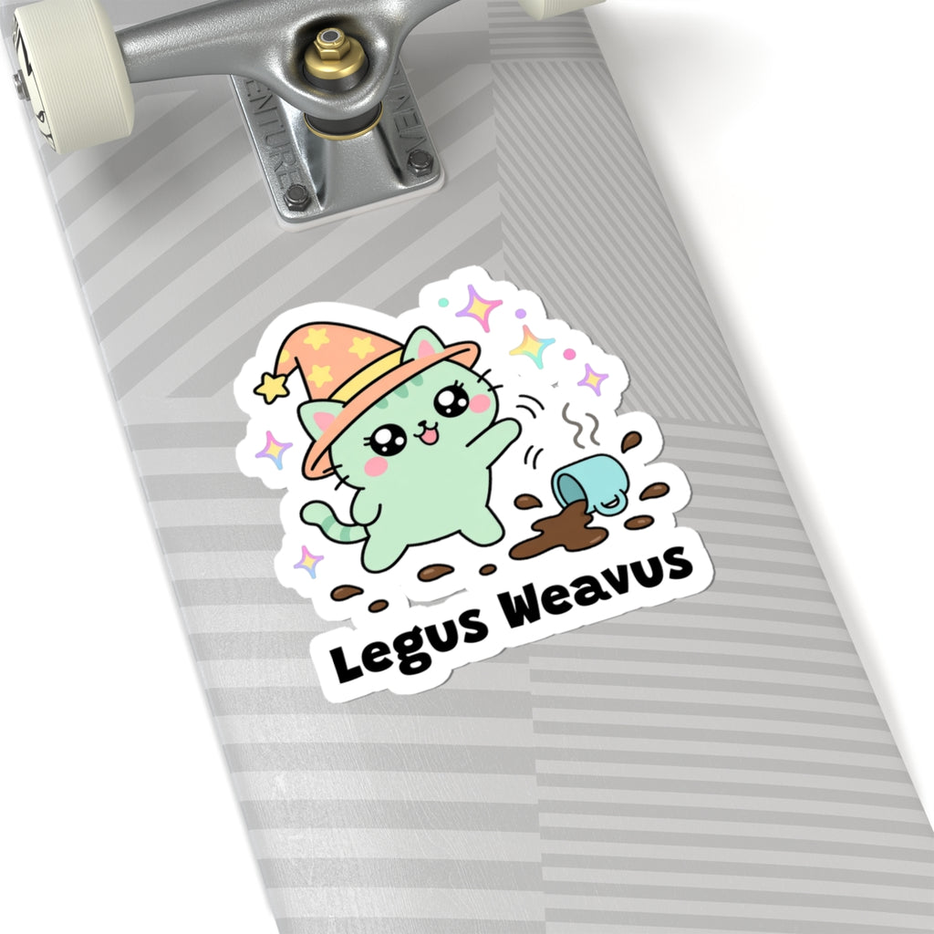 Legus Weavus wizard cat sticker on a grey skateboard deck near the truck