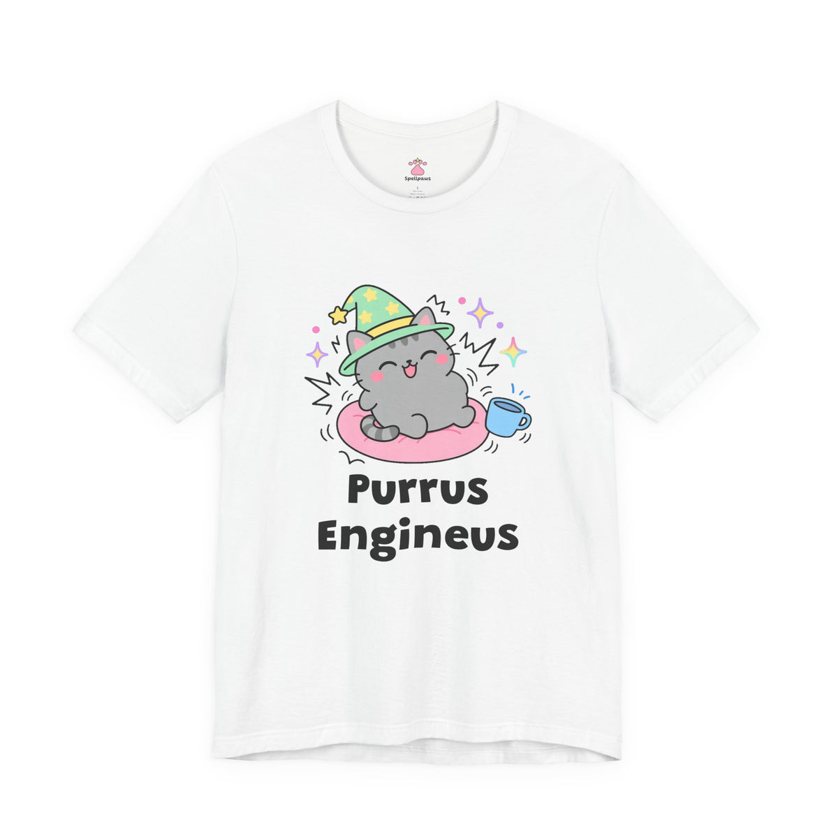 White Purrus Engineus wizard cat T-shirt, front view: grey tabby wizard cat in a green hat purring loudly on a pink cushion beside a mug, with "Purrus Engineus" printed below