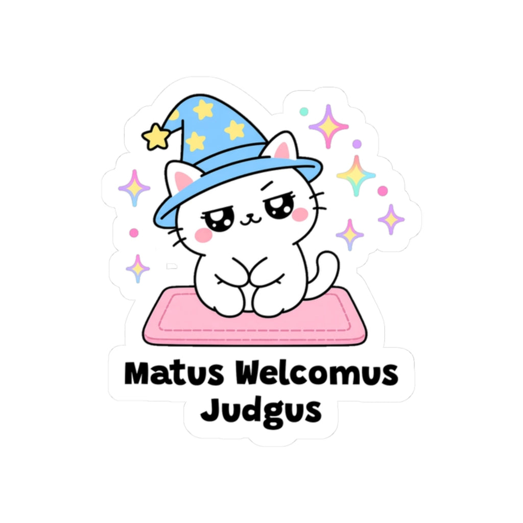 Matus Welcomus Judgus kiss-cut vinyl sticker on a white background, size option 4: white wizard cat in a blue hat sitting on a pink welcome mat, judging