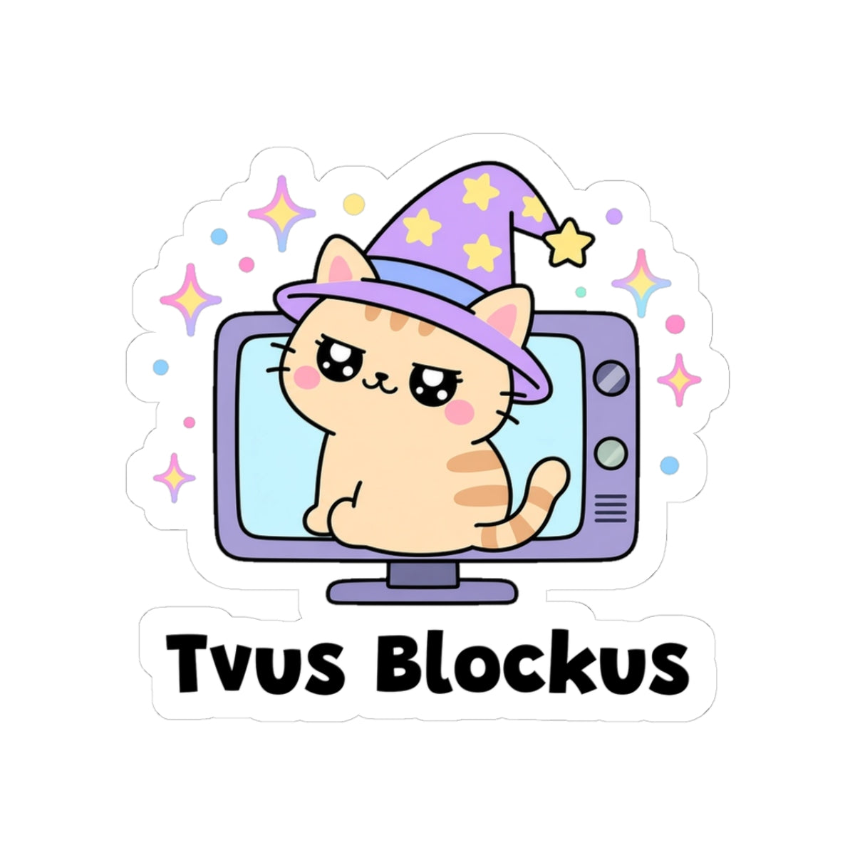 Tvus Blockus kiss-cut vinyl sticker with a white border: orange tabby wizard cat in a purple hat sitting in front of a purple TV screen, with "Tvus Blockus" in black letters